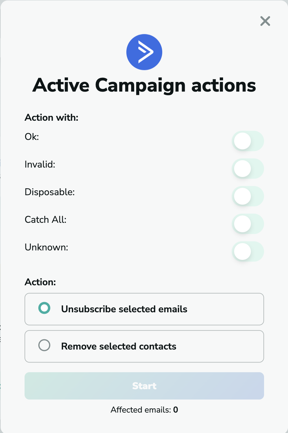 Active Campaign actions in MillionVerifier