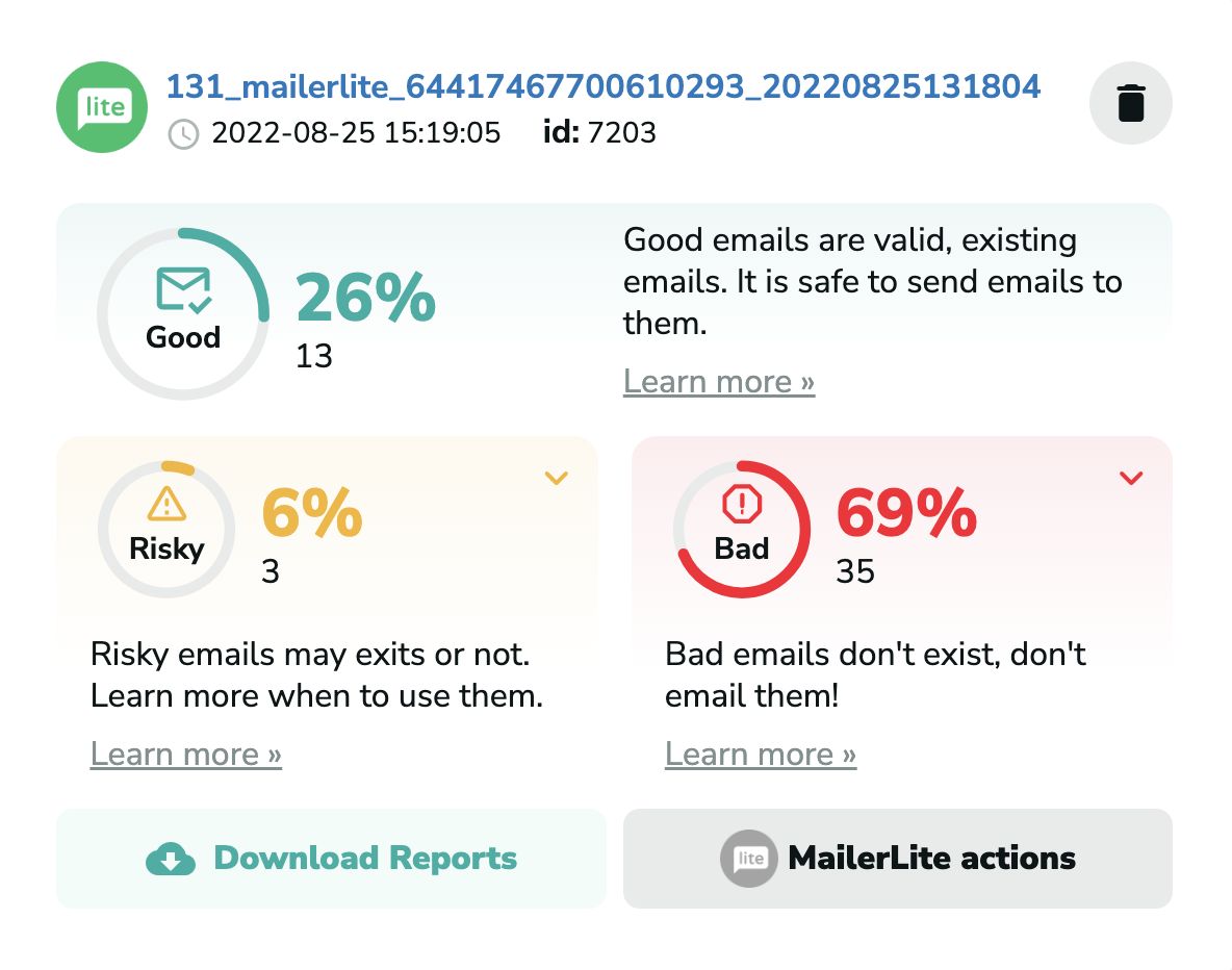 MailerLite verification results in MillionVerifier
