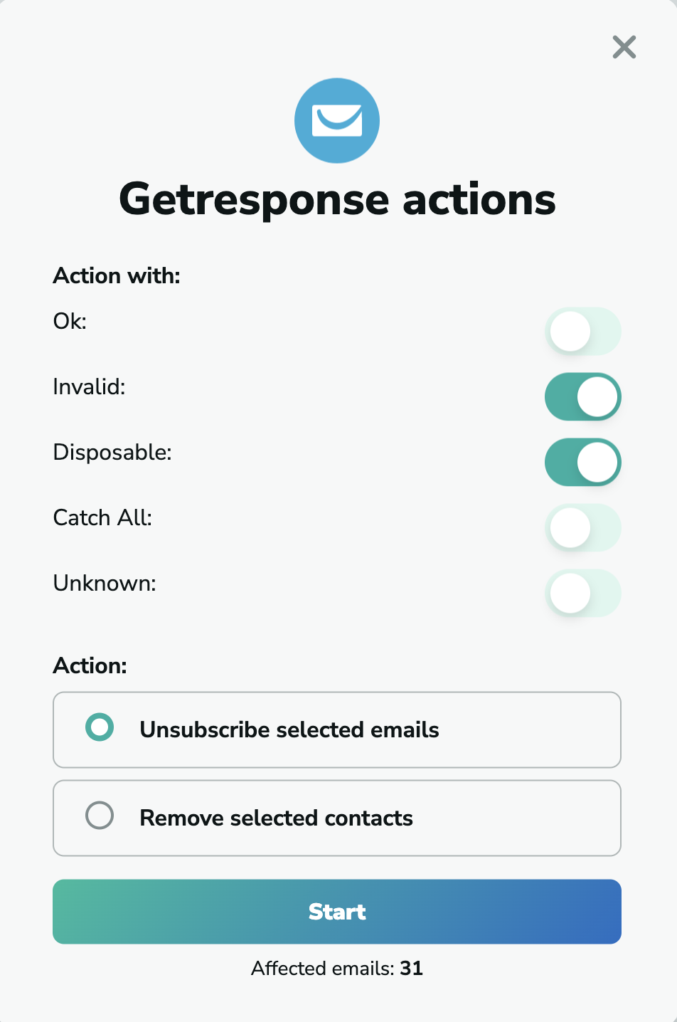 Getresponse unsubscribe emails in MillionVerifier