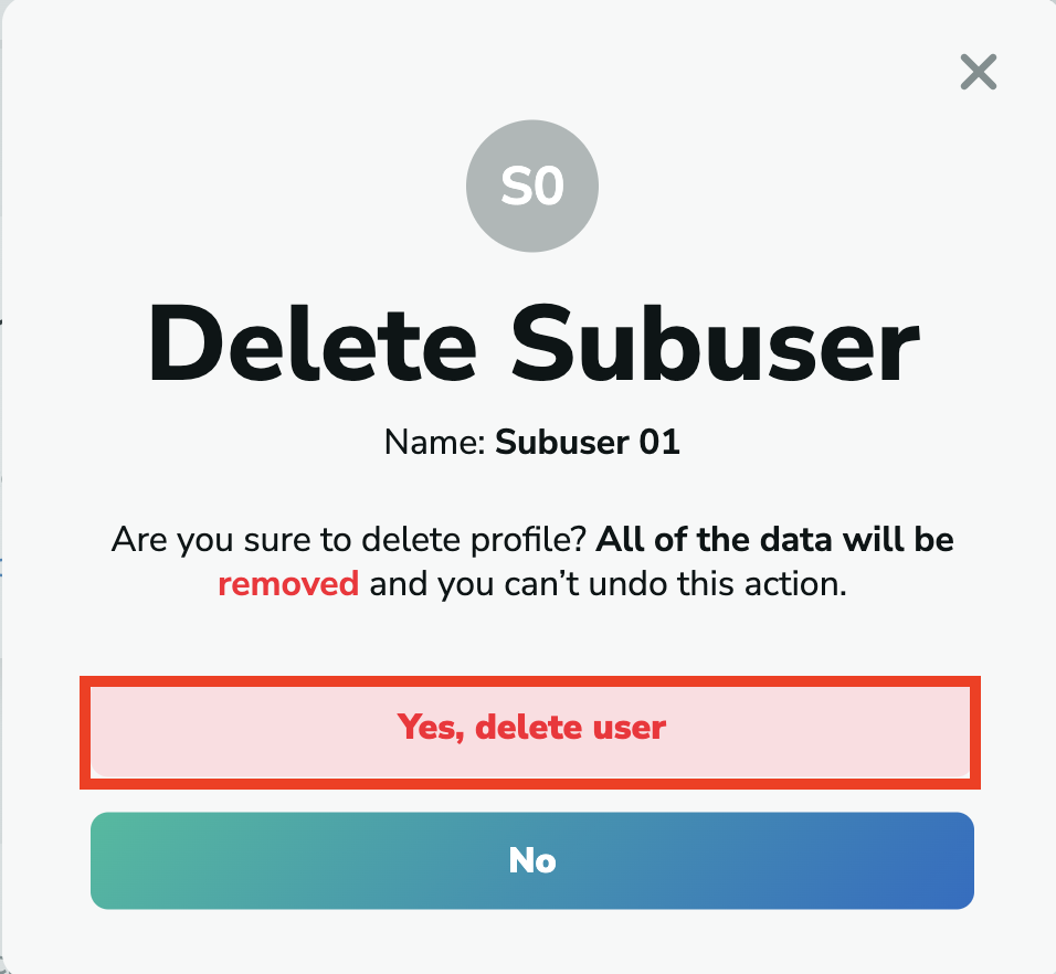 Confirm deleting subuser in MillionVerifier