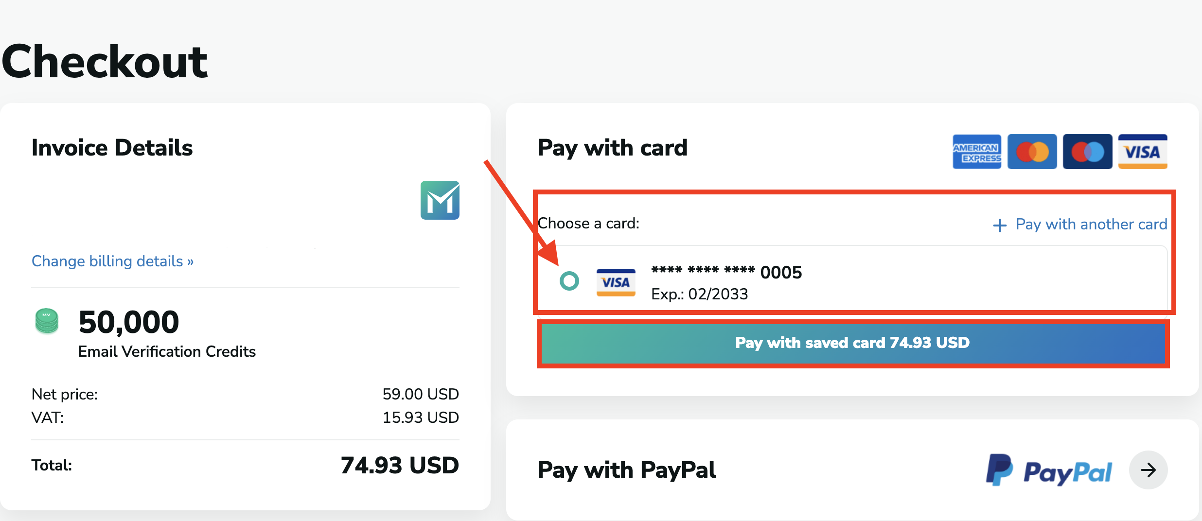 Saved card on Checkout page in MillionVerifier