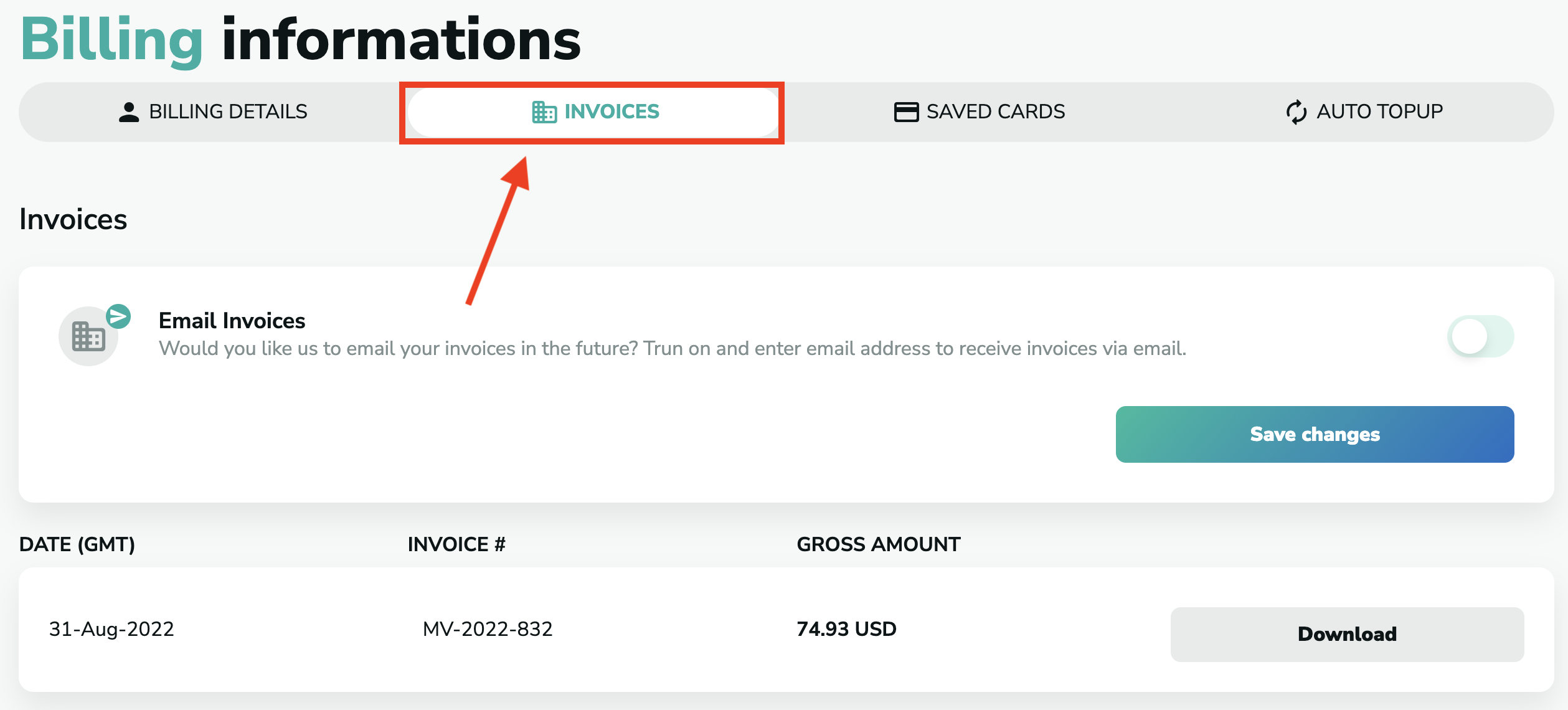 Find invoices in MillionVerifier