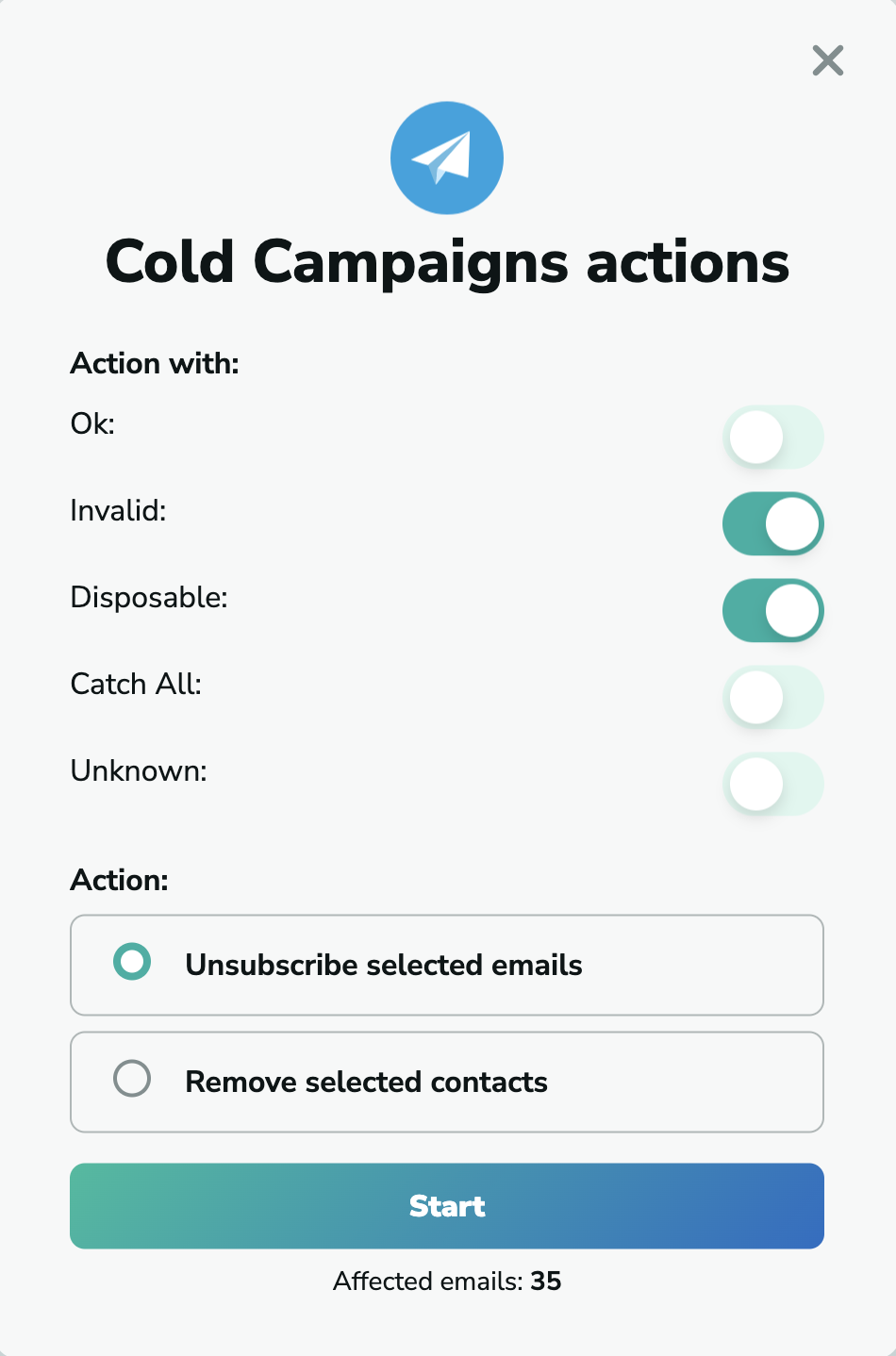 Cold Campaigns unsubscribe emails in MillionVerifier