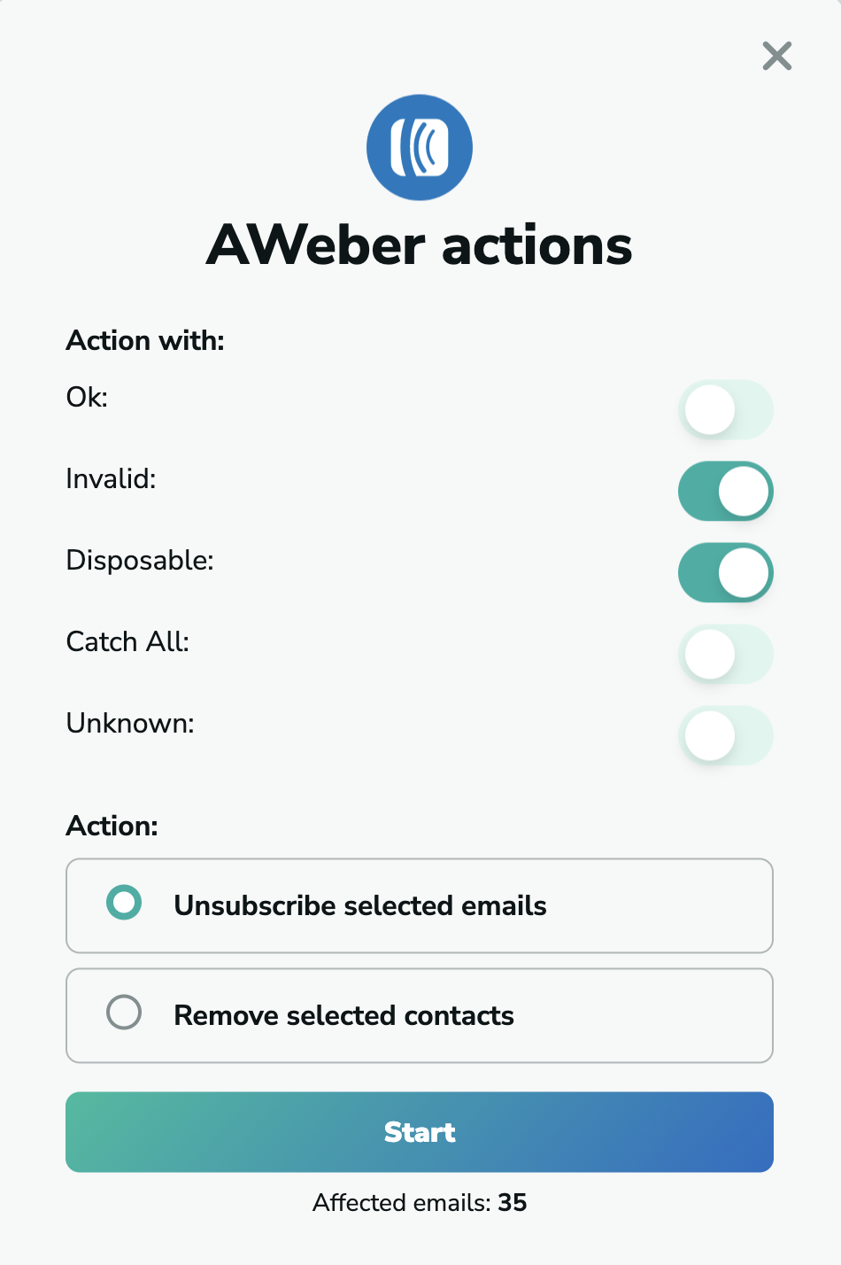 AWeber unsubscribe emails in MillionVerifier