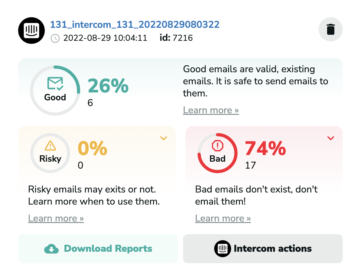 Intercom email verification results in MillionVerifier