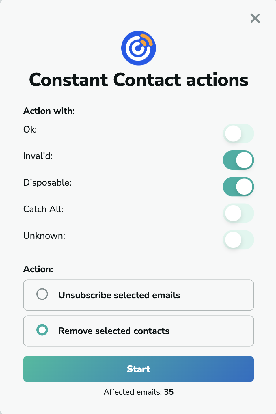 Constant Contact remove contacts in MillionVerifier