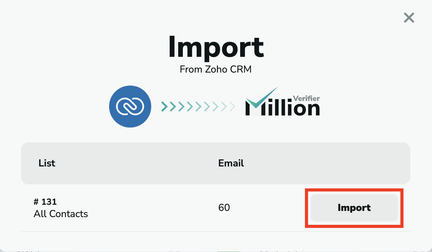 Zoho CRM import emails in MillionVerifier
