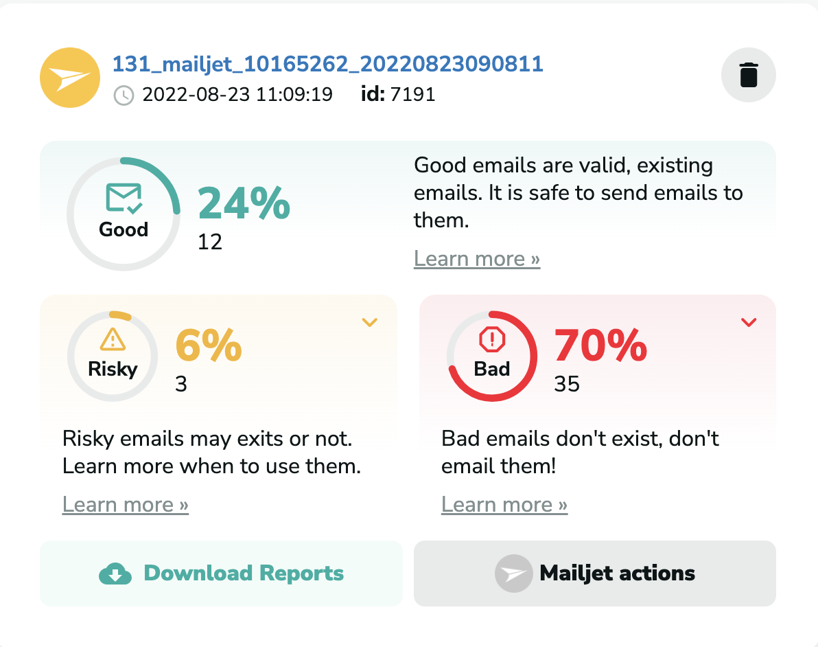 Mailjet verification results in MillionVerifier