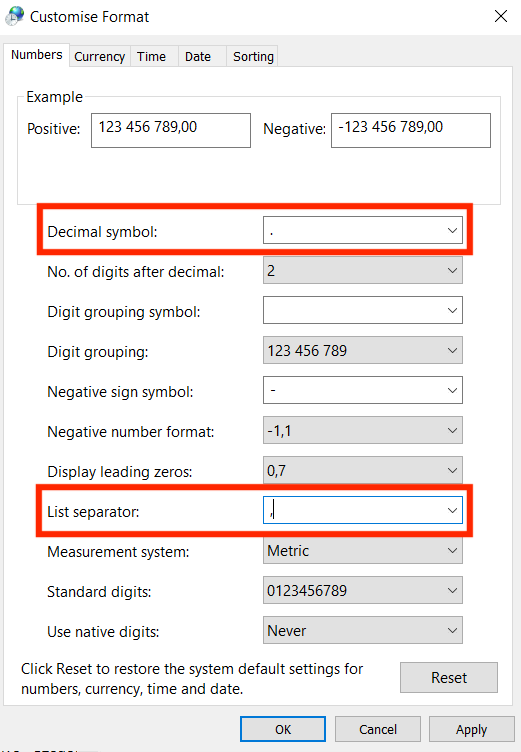 Decimal symbol and list separator in Windows for MillionVerifier report setup