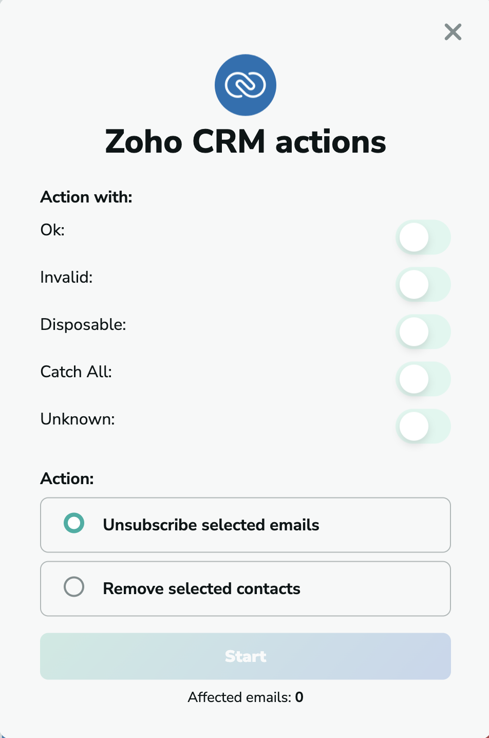 Zoho CRM actions in MillionVerifier