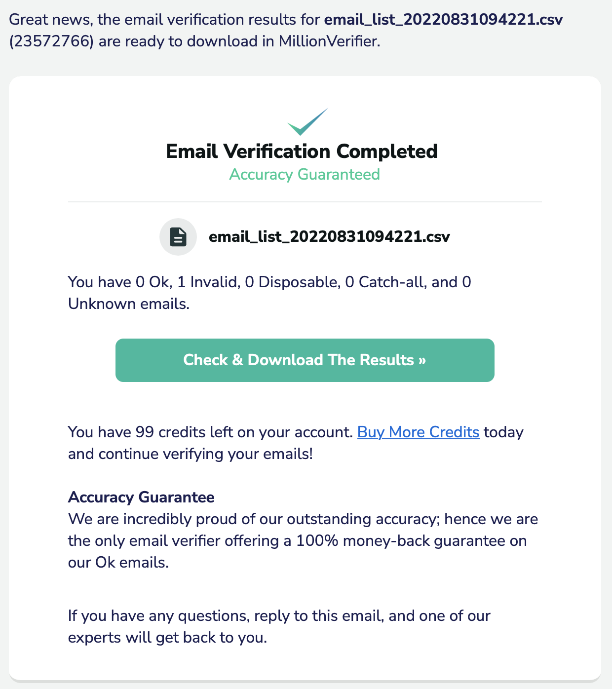 File Ready notification email from MillionVerifier