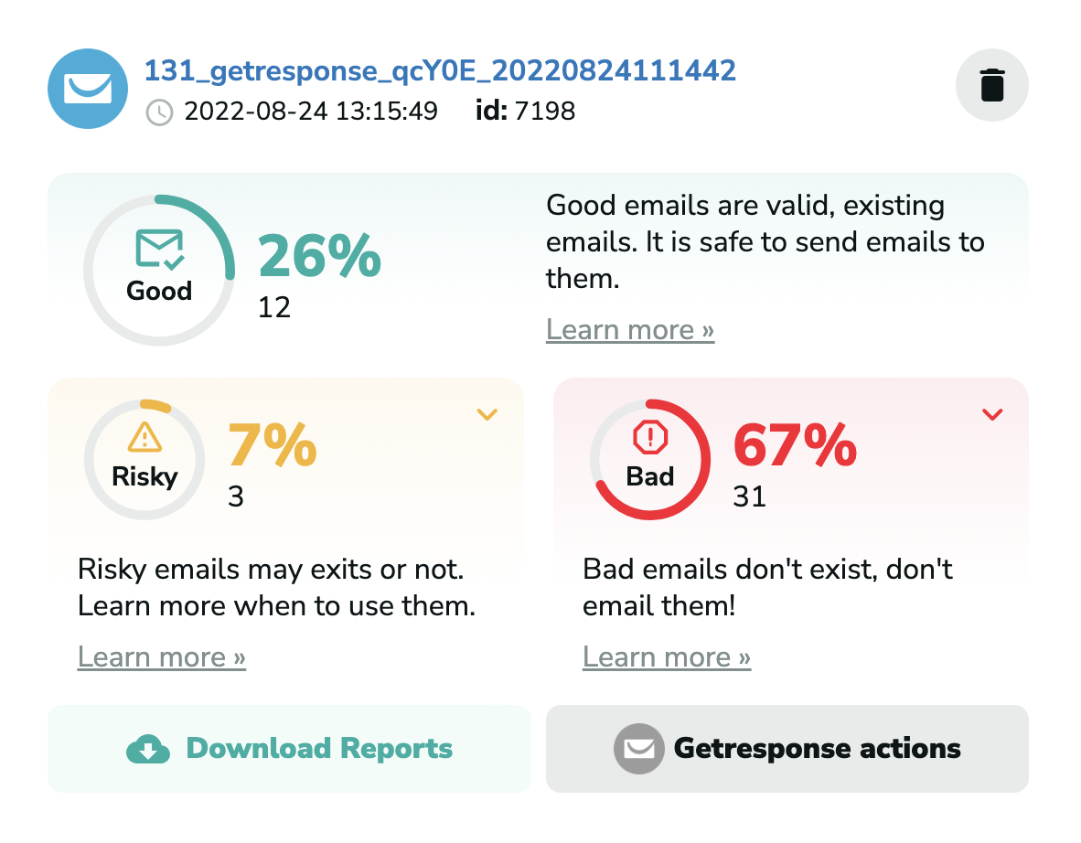 Getresponse email verification results in MillionVerifier