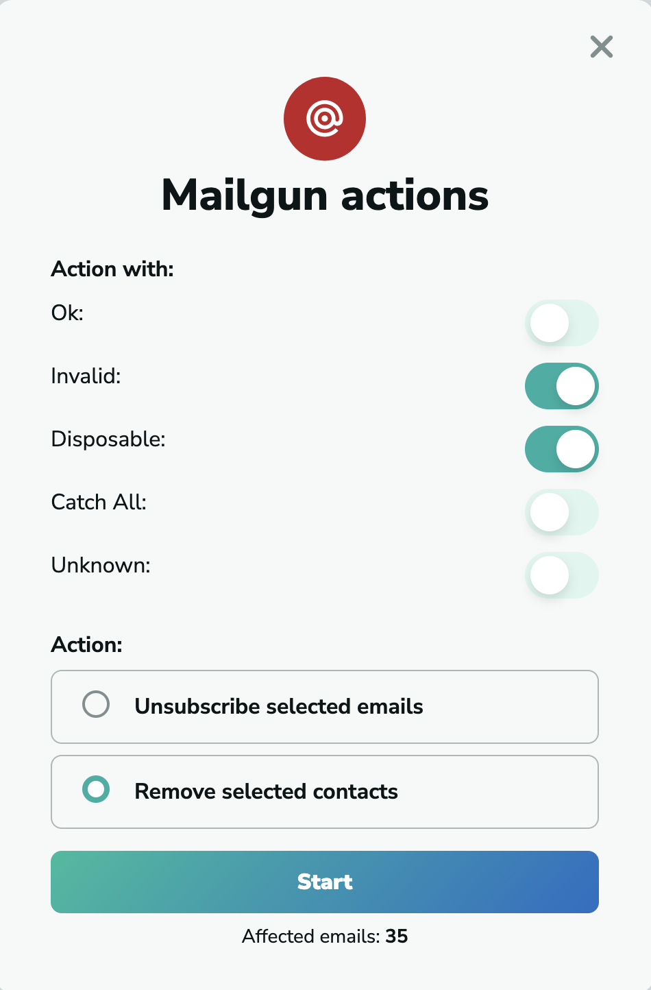 Mailgun remove contacts in MillionVerifier