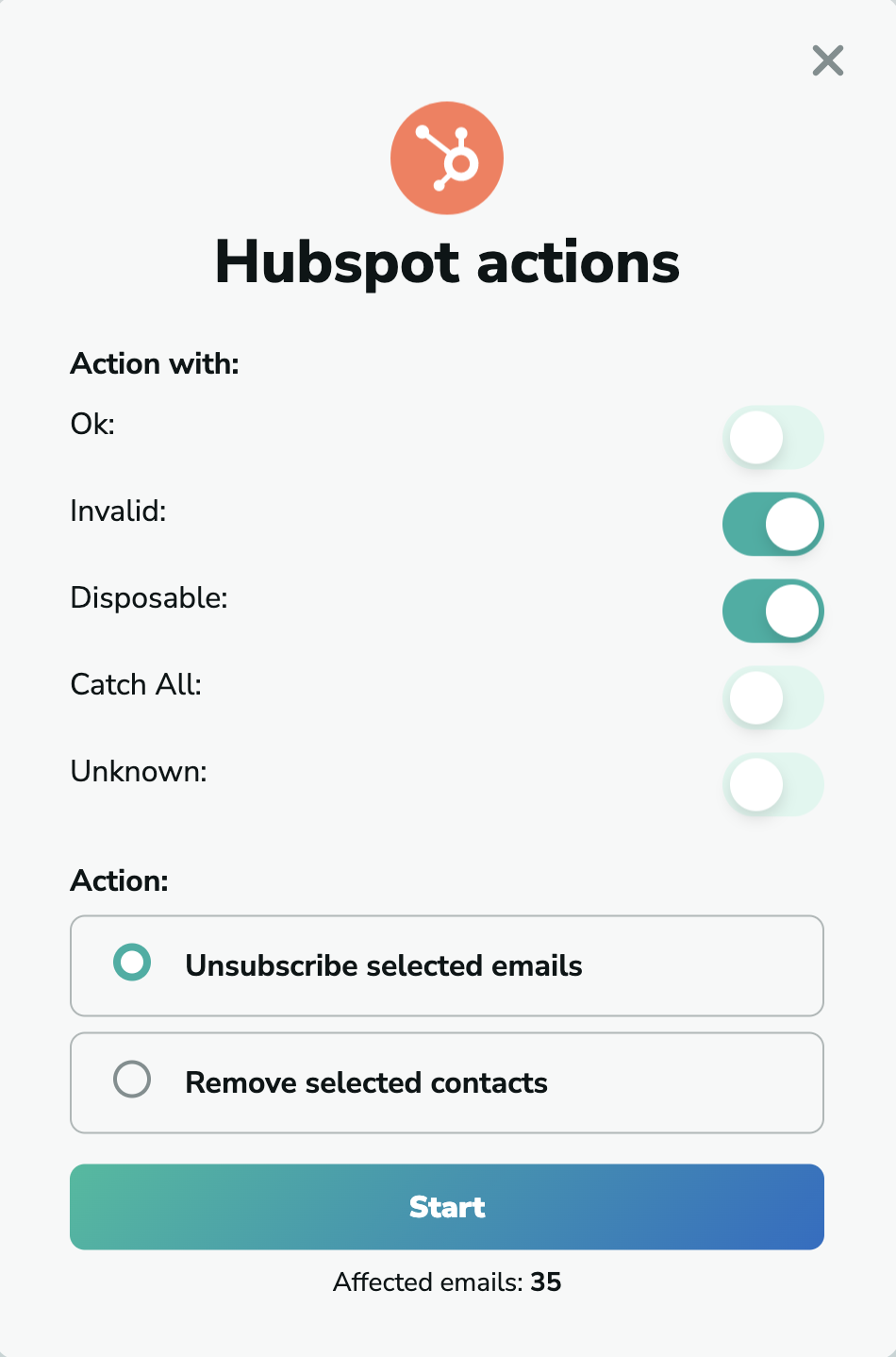 Hubspot unsubscribe emails in MillionVerifier