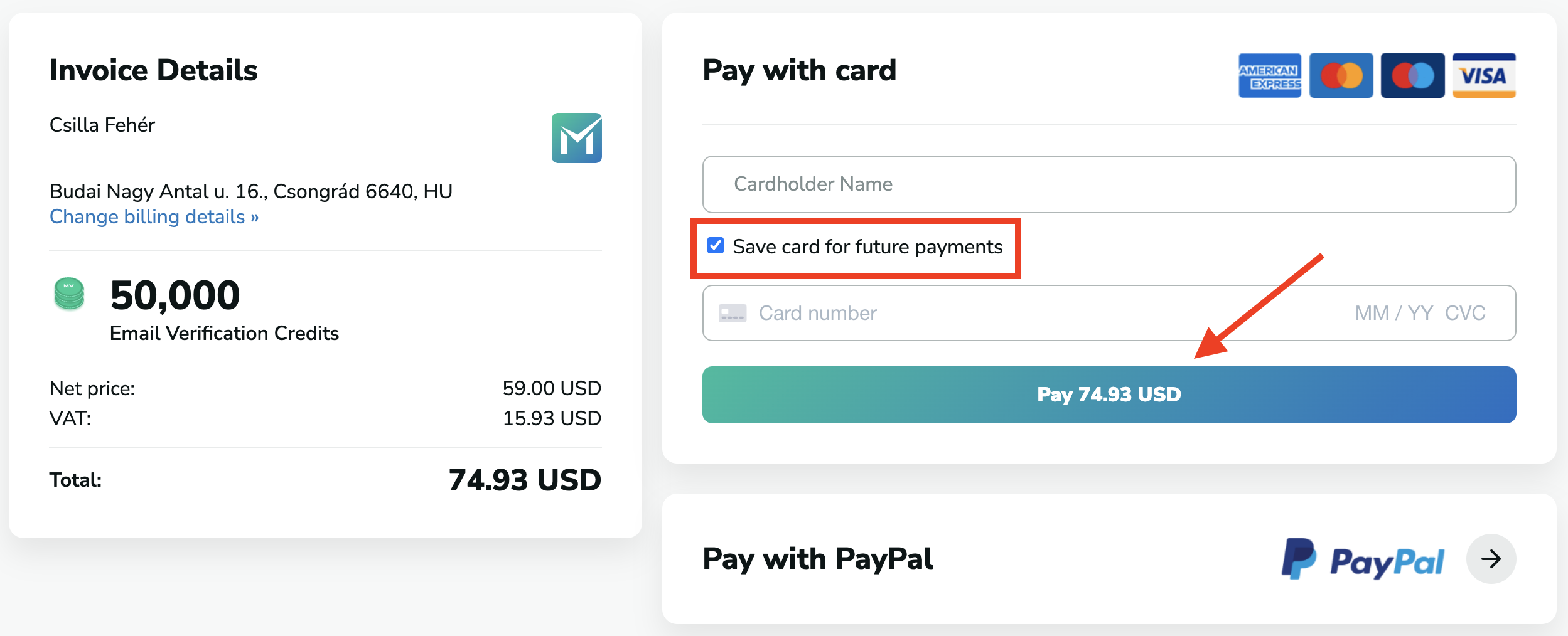 how to save a card in MillionVerifier