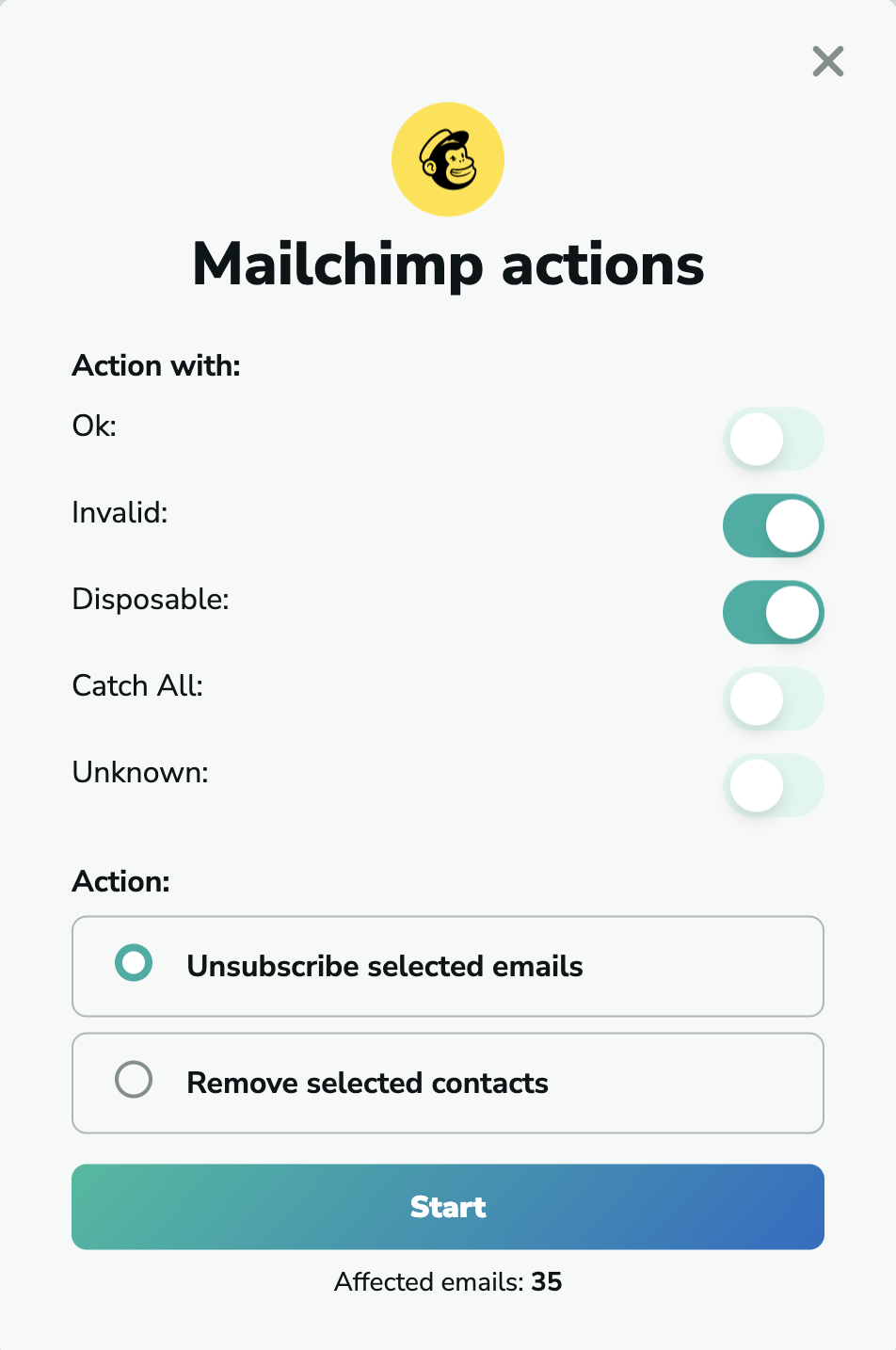 Mailchimp unsubscribe emails in MillionVerifier