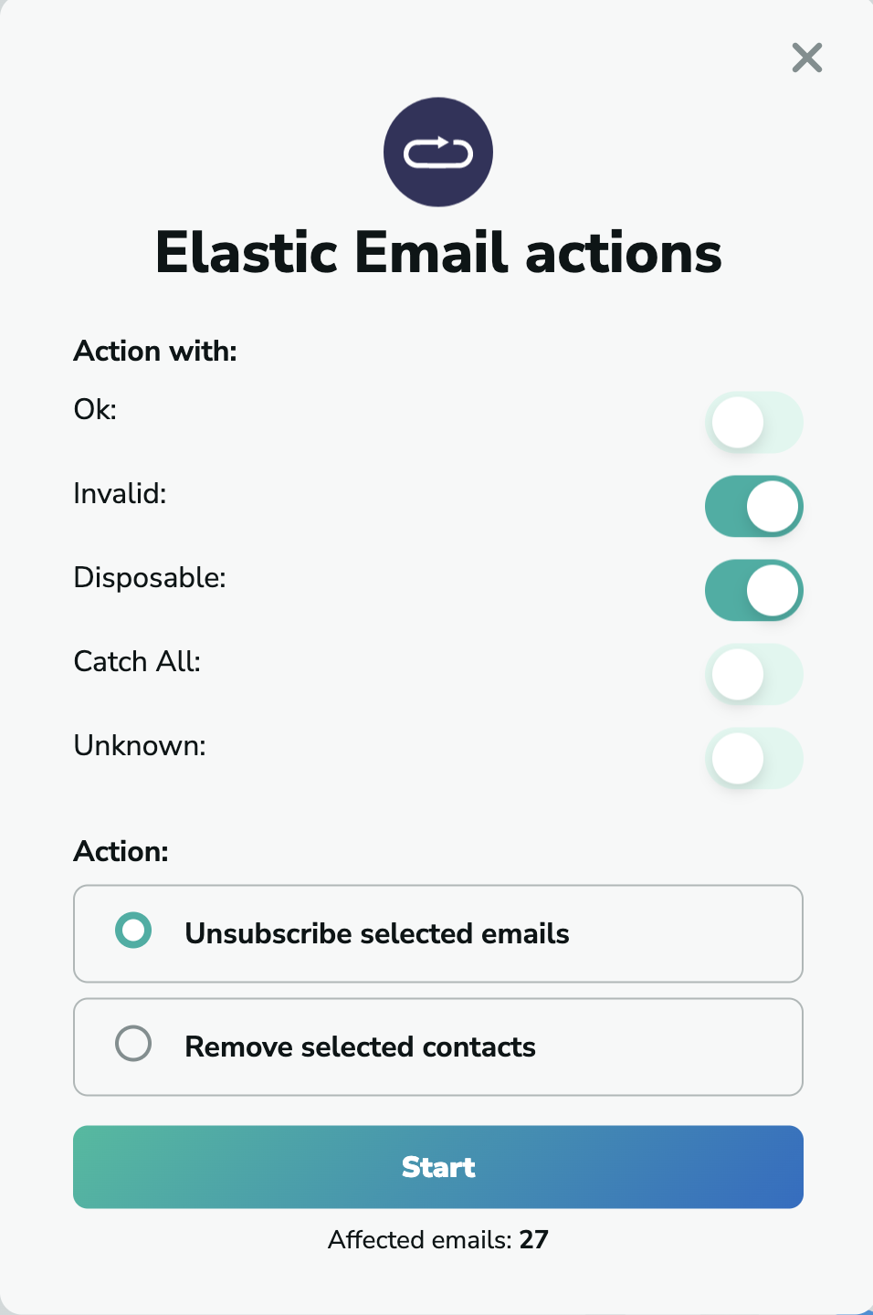 Elastic Email unsubscribe emails in MillionVerifier