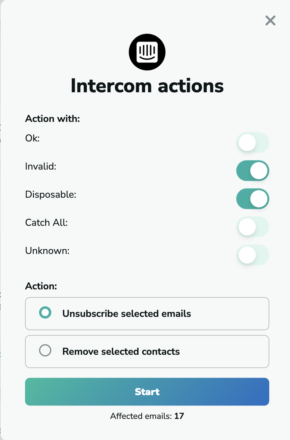 Intercom unsubscribe selected emails in MillionVerifier