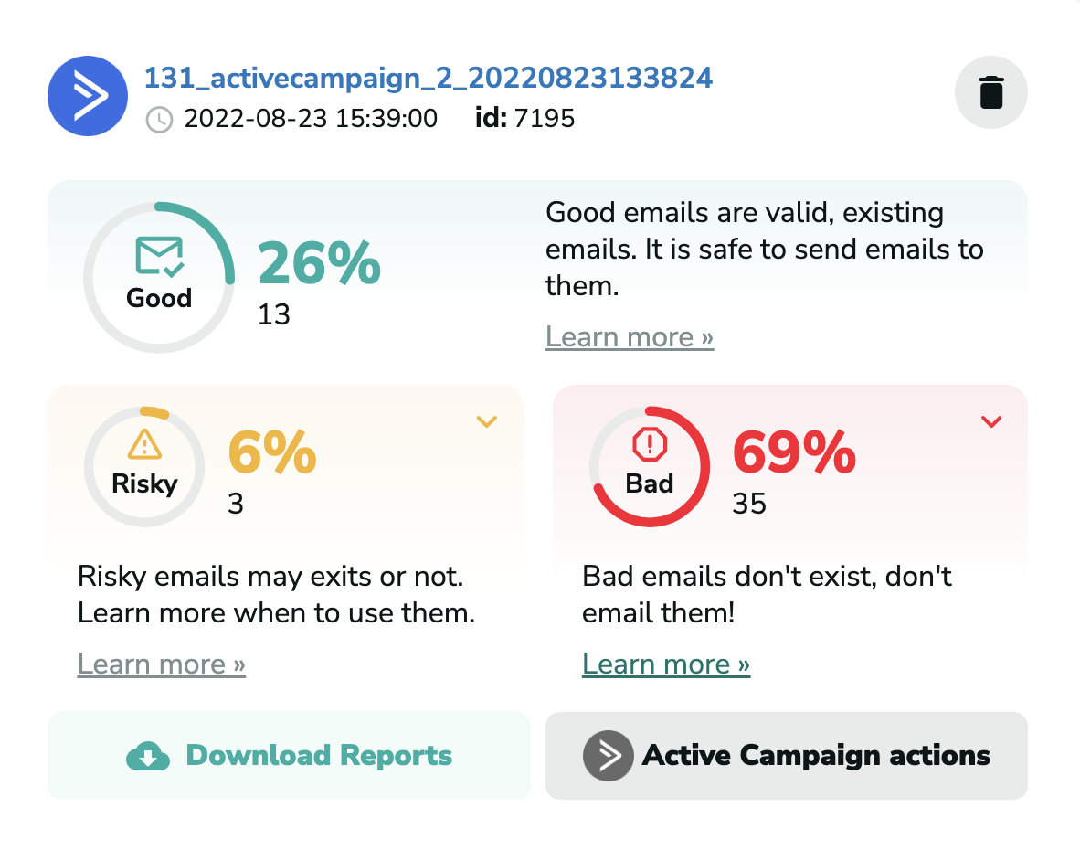 Active Campaign verification results in MillionVerifier