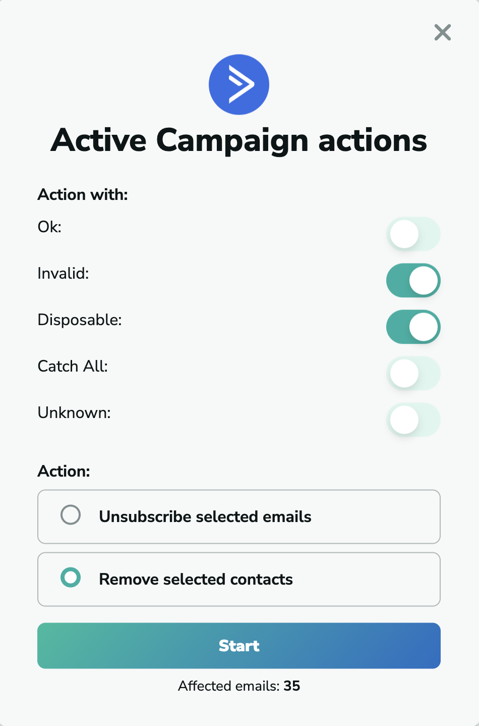 Active Campaign remove contacts in MillionVerifier