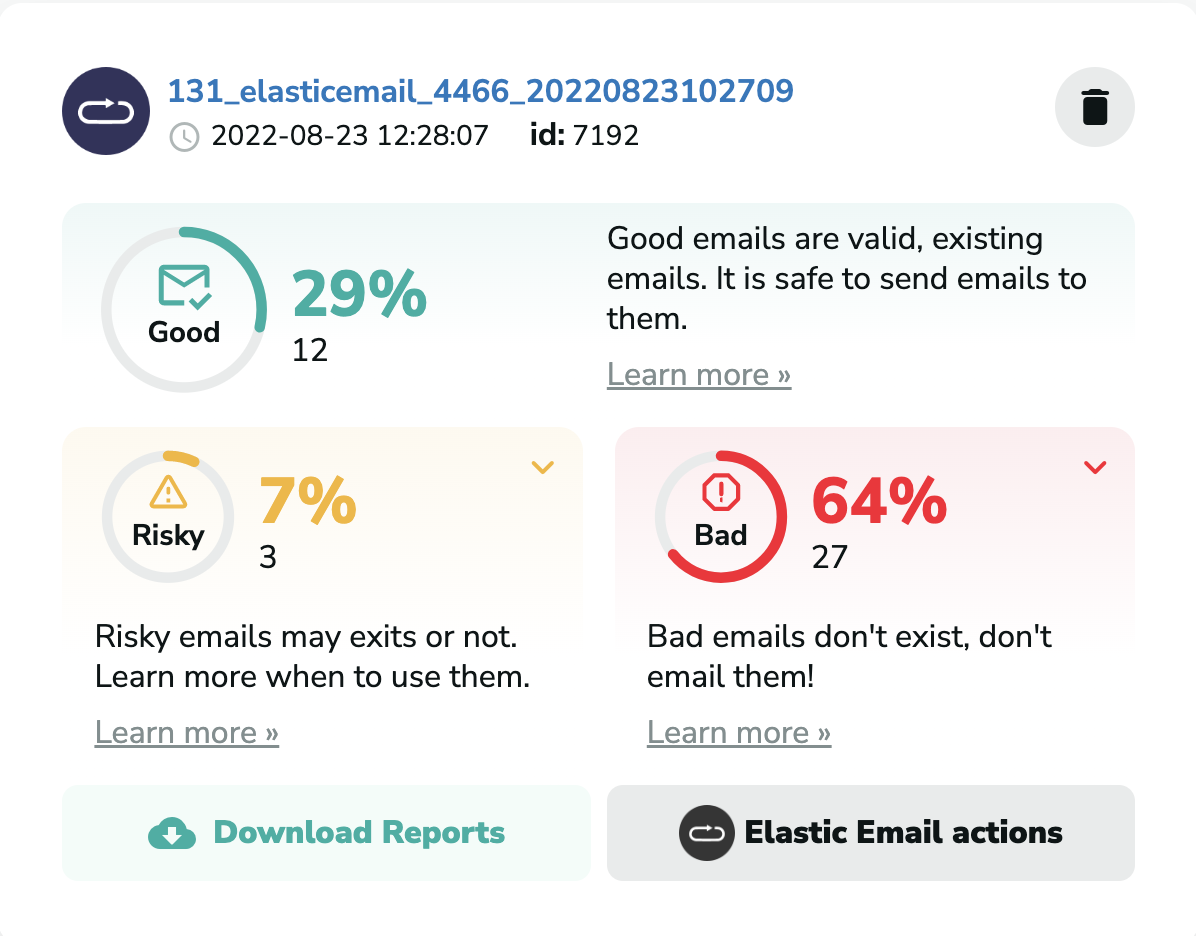 Elastic Email email verification results in MillionVerifier