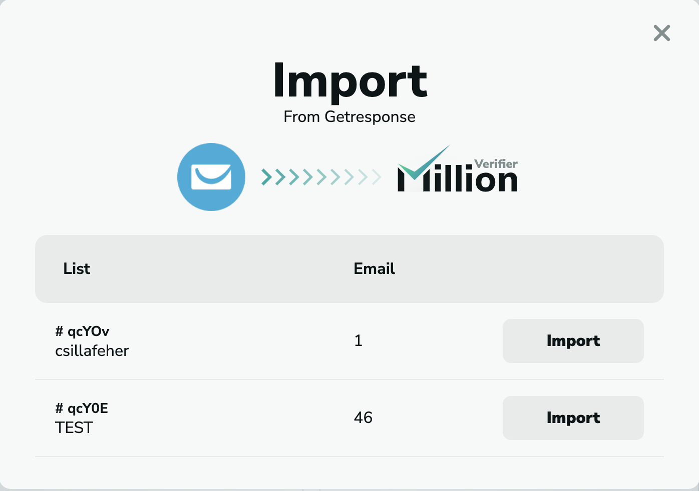 Getresponse import emails in MillionVerifier