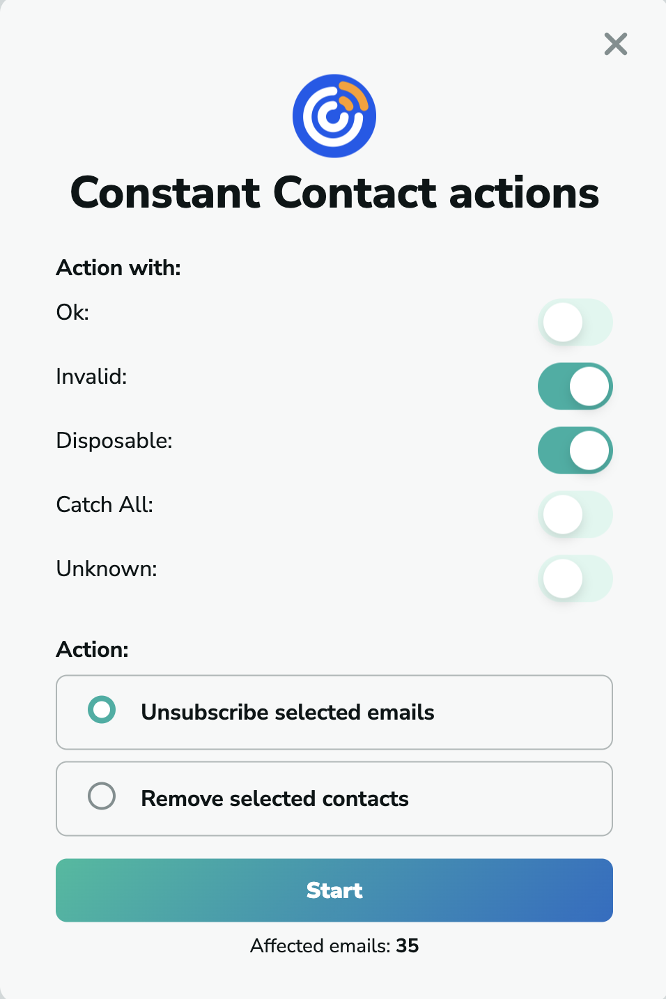 Constant Contact unsubscribe emails in MillionVerifier
