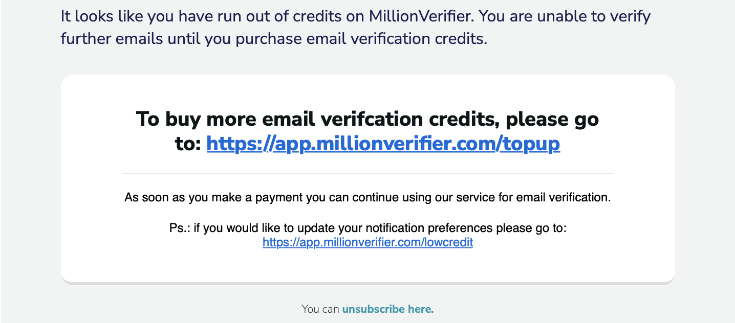No credit notification email from MillionVerifier