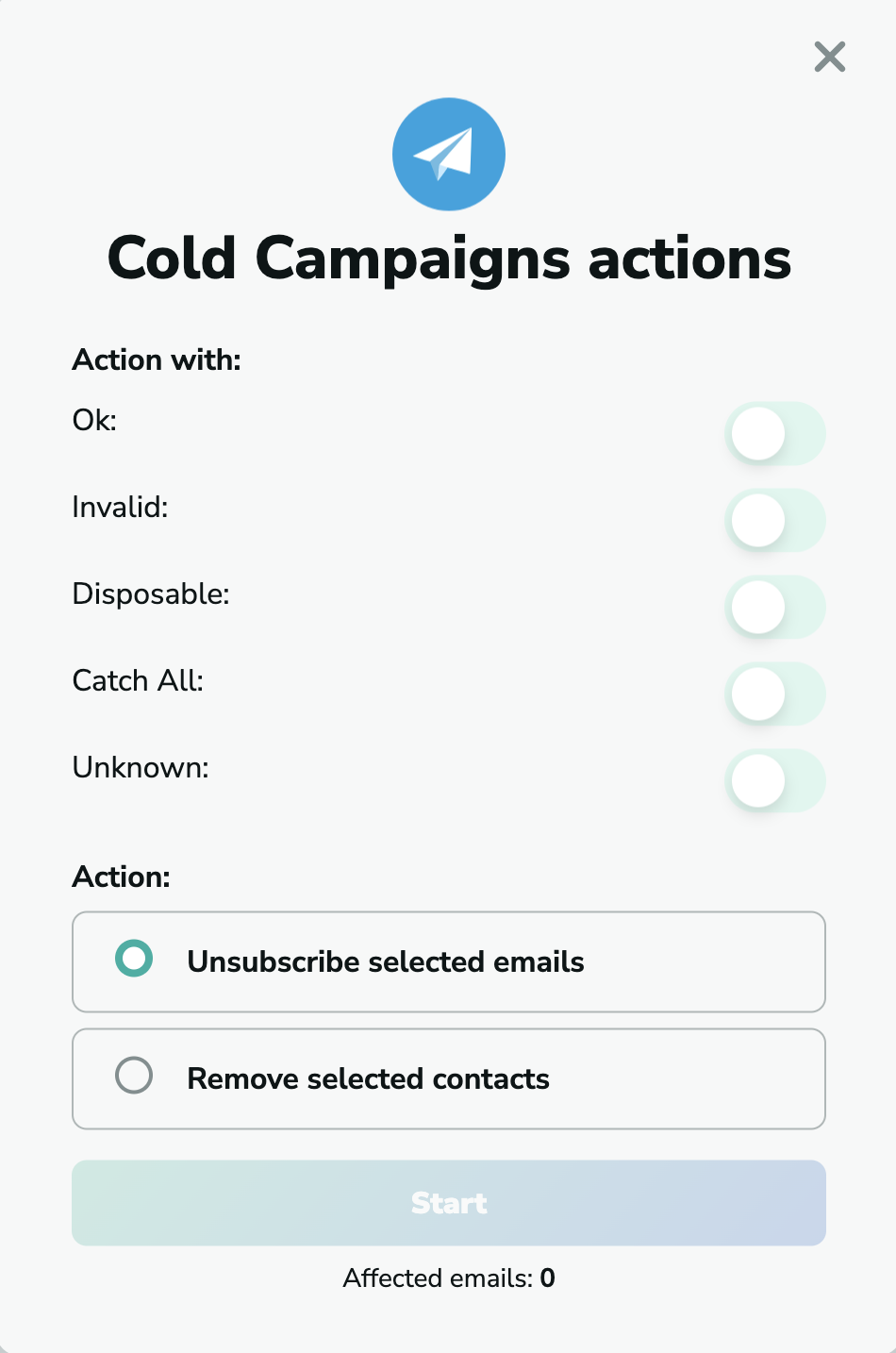 Cold Campaigns actions in MillionVerifier