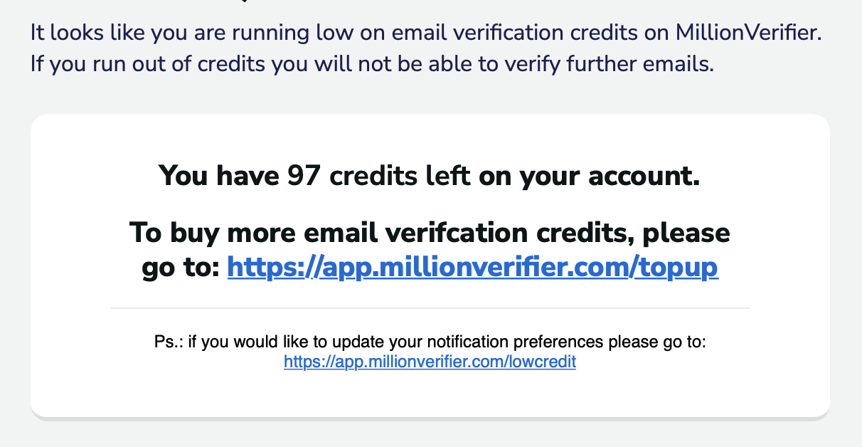 Low credit notification email from MillionVerifier