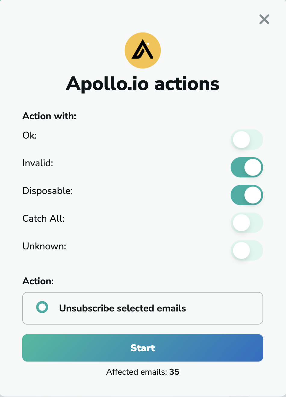 Apollo.io unsubscribe emails in MillionVerifier