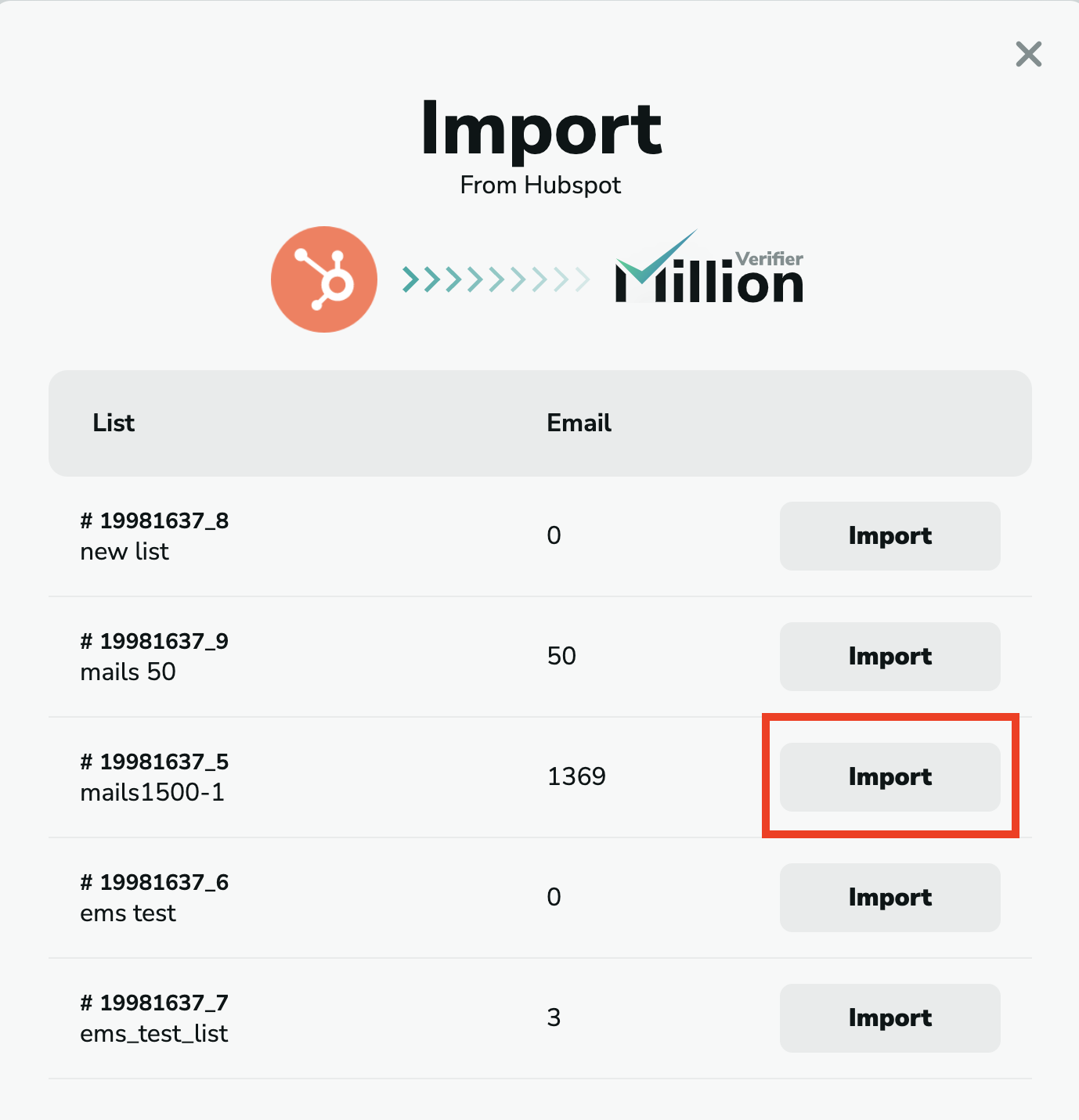 Hubspot import emails in MillionVerifier