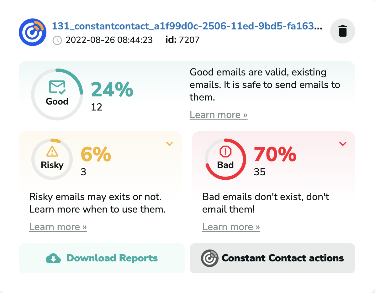 Constant Contact email verification results in MillionVerifier