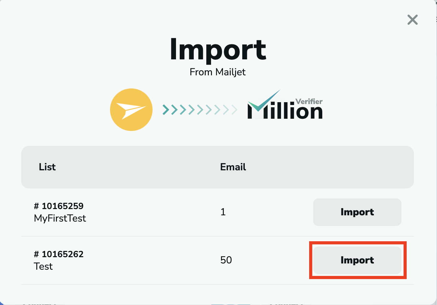 Mailjet import emails to MillionVerifier