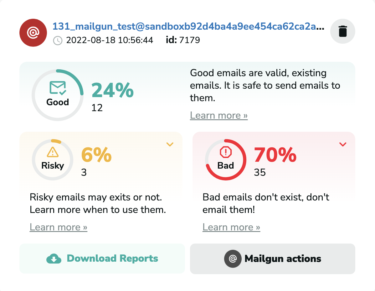 Mailgun verification results in MillionVerifier
