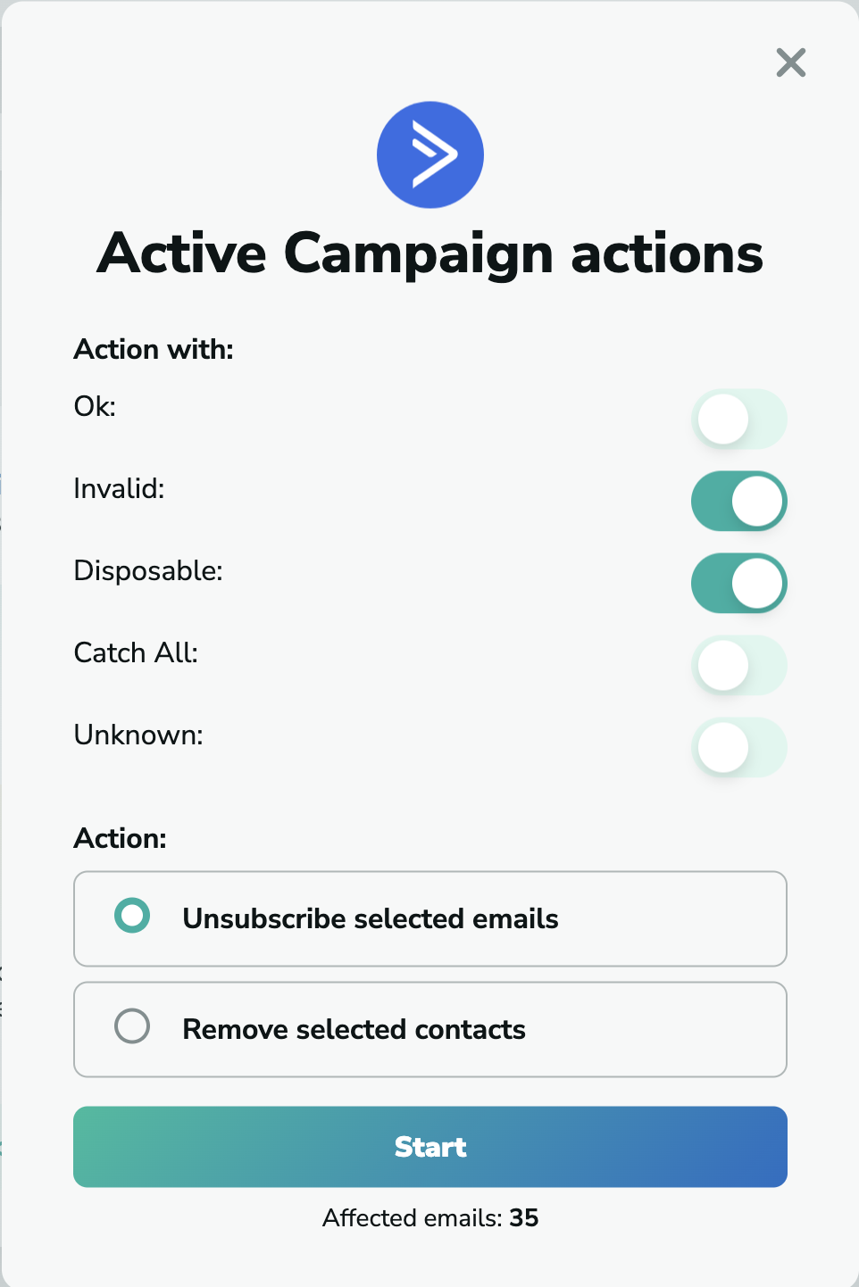 Active Campaign unsubscribe emails in MillionVerifier
