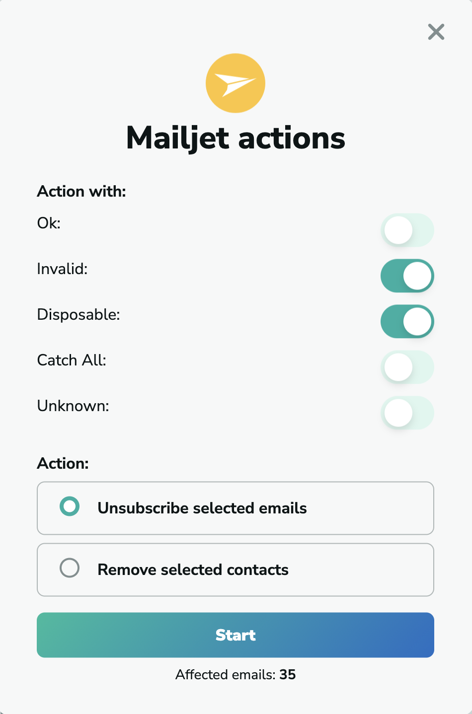 Mailjet unsubscribe emails in MillionVerifier
