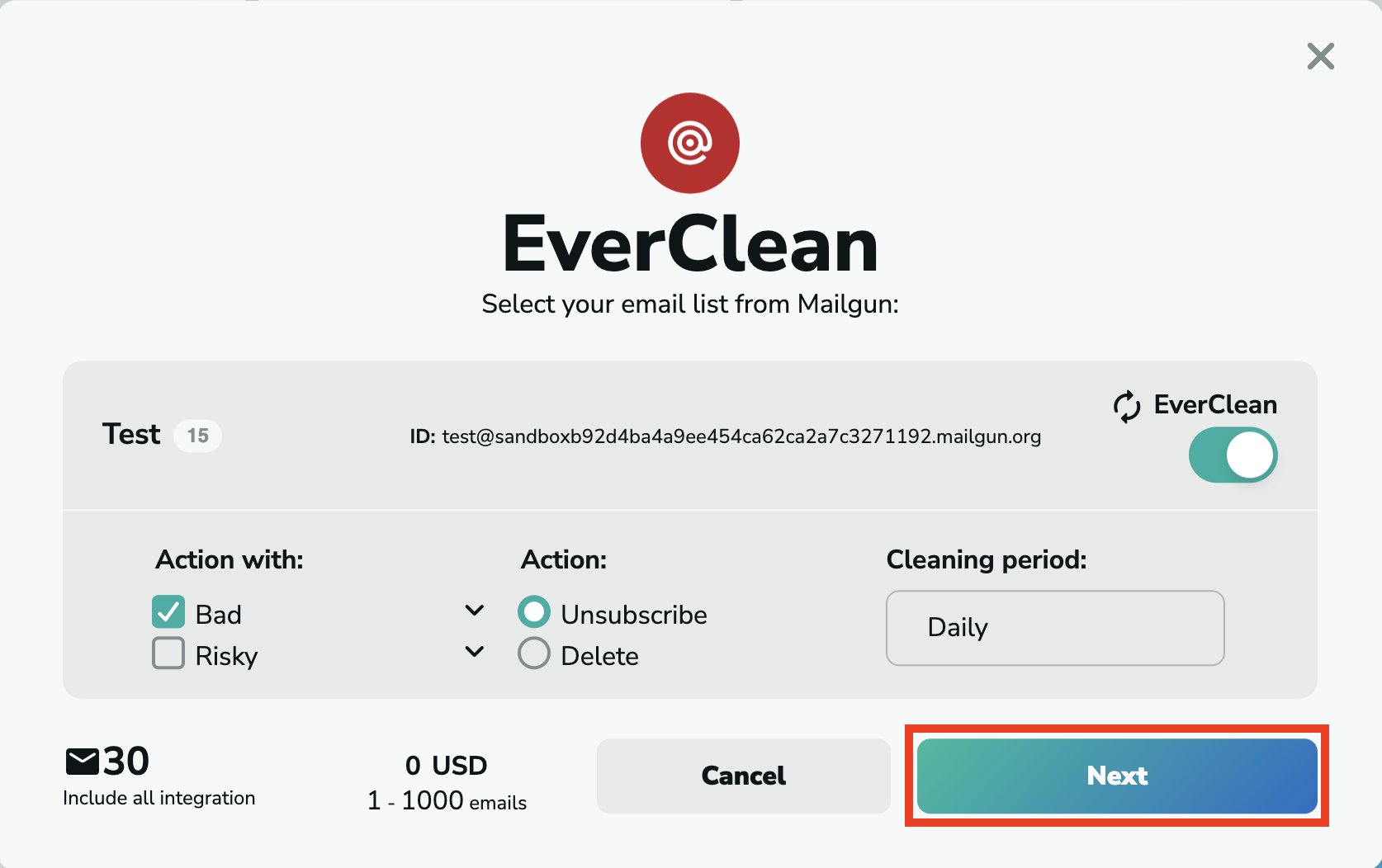 Elastic Email EverClean setup in MillionVerifier