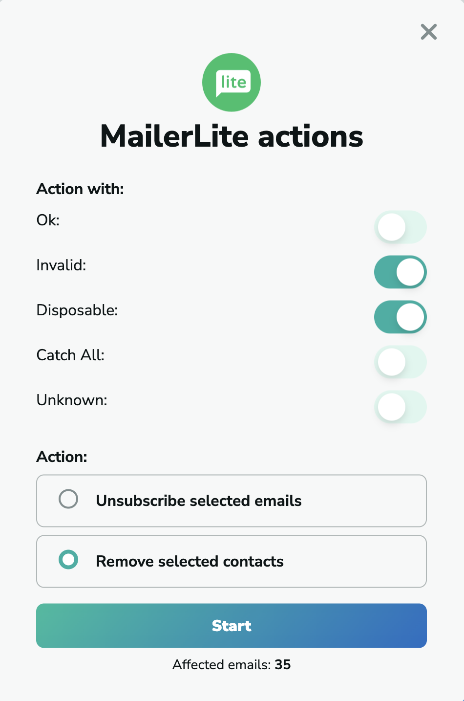 MailerLite remove contacts in MillionVerifier