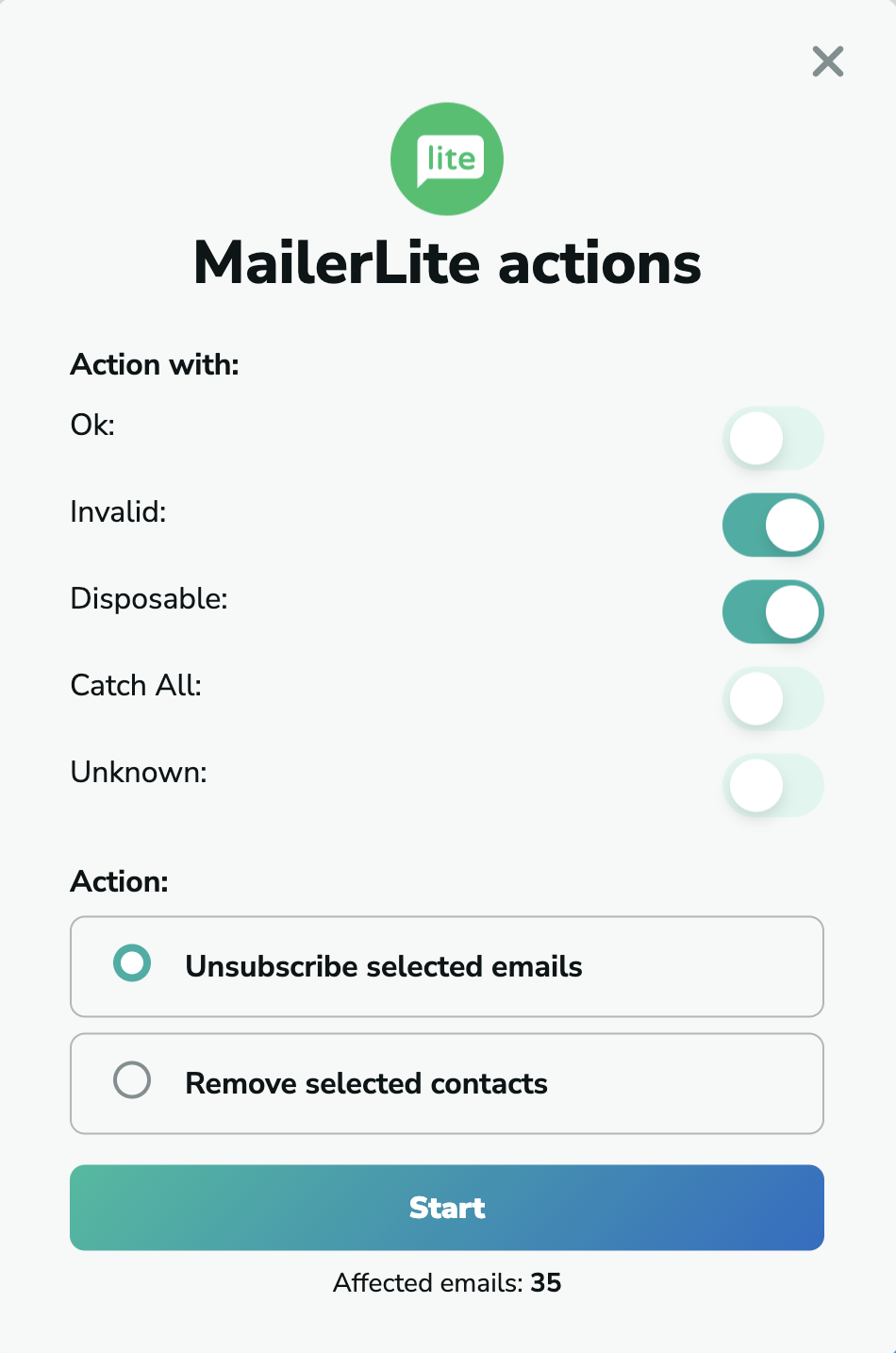 MailerLite unsubscribe emails in MillionVerifier