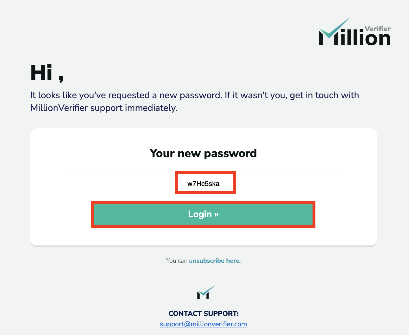 New password email from MillionVerifier